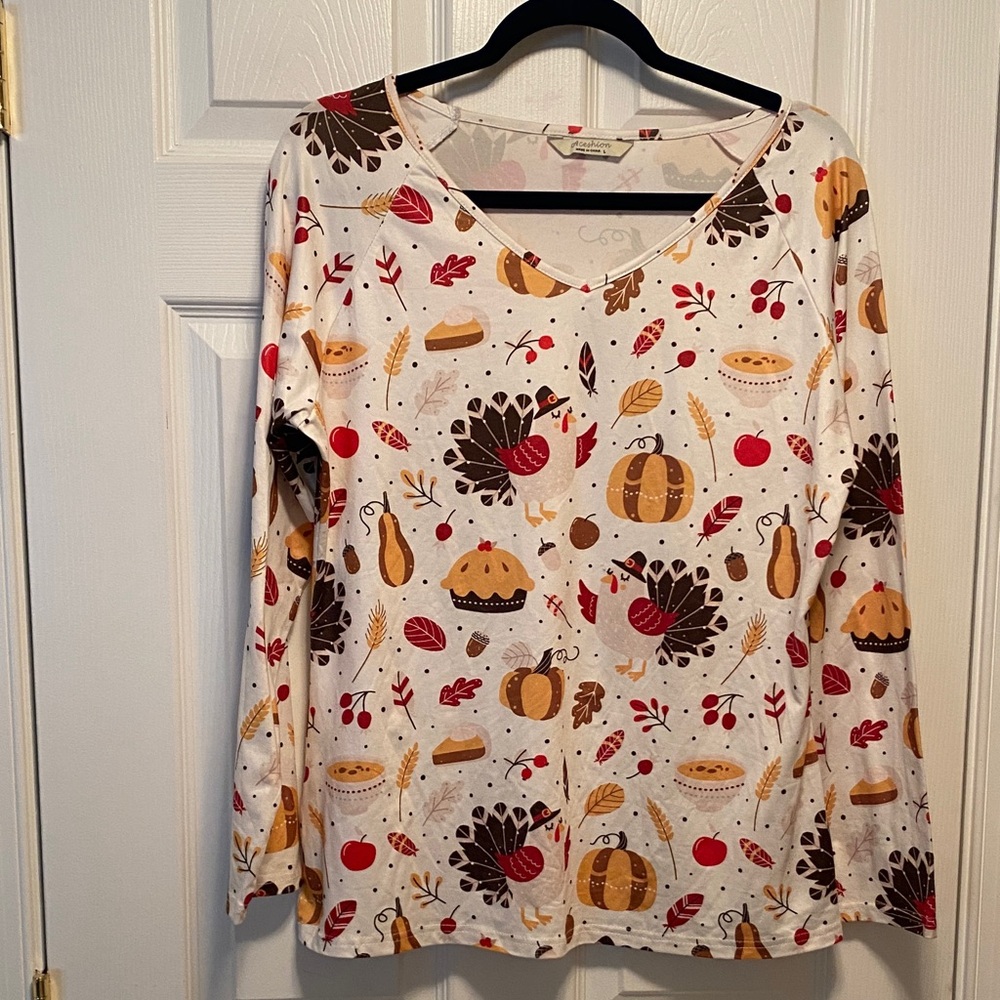 Aceshion Thanksgiving Print Long Sleeve Top…size L
